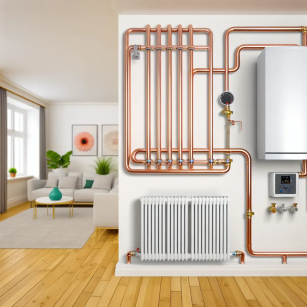 Modern central heating installation with neatly routed pipework