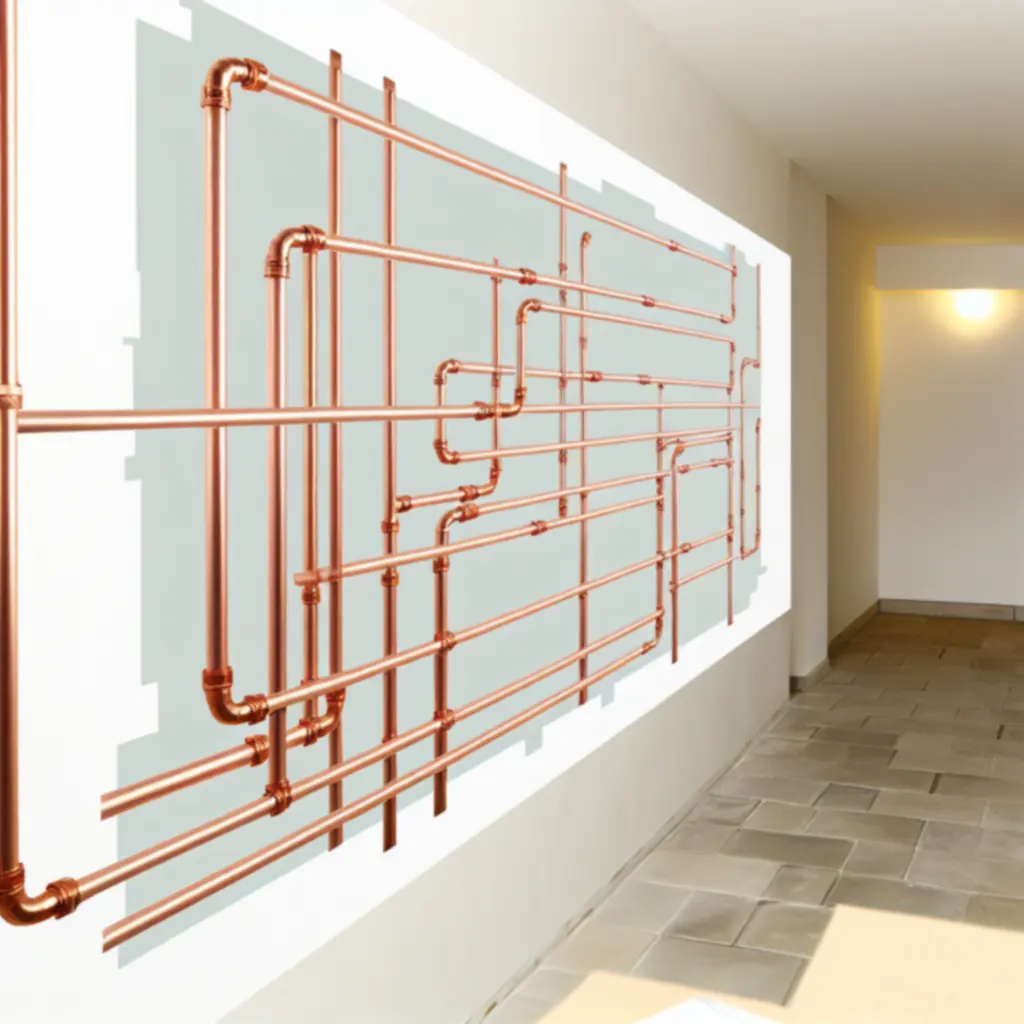 Neatly routed copper and plastic pipework along a plant room wall