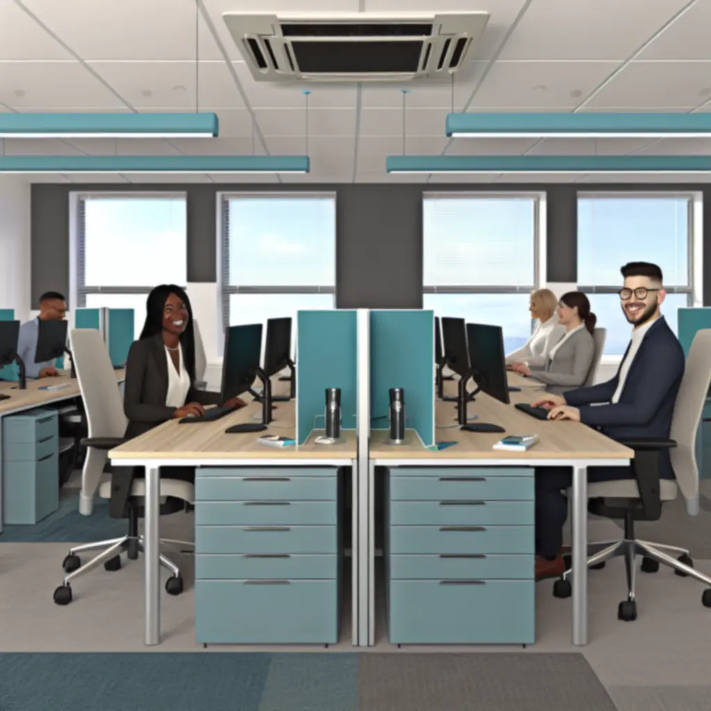 Modern office interior with upgraded ceiling-mounted air-conditioning units and comfortable staff working