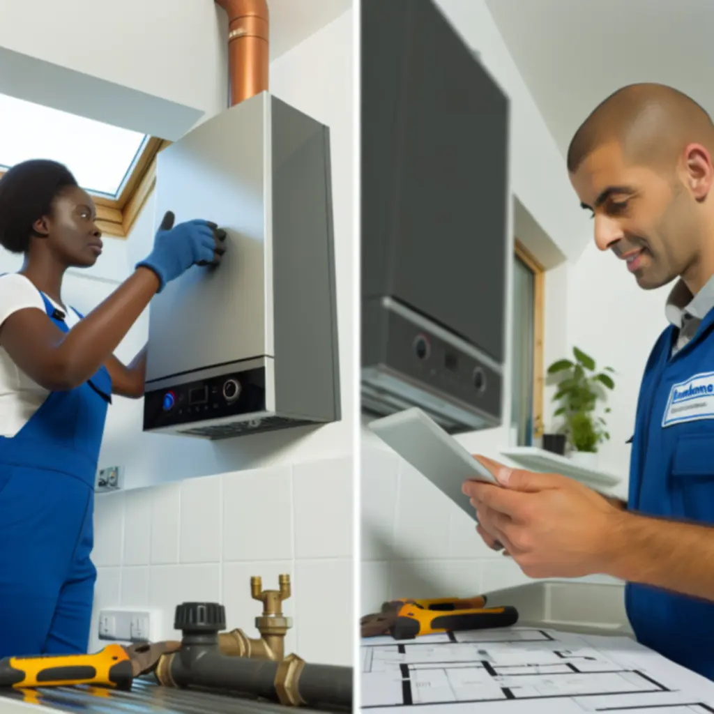 Professional plumbing and heating engineers working on a modern installation