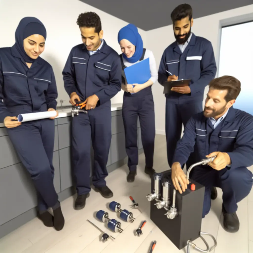 Professional heating and plumbing engineers working on an installation