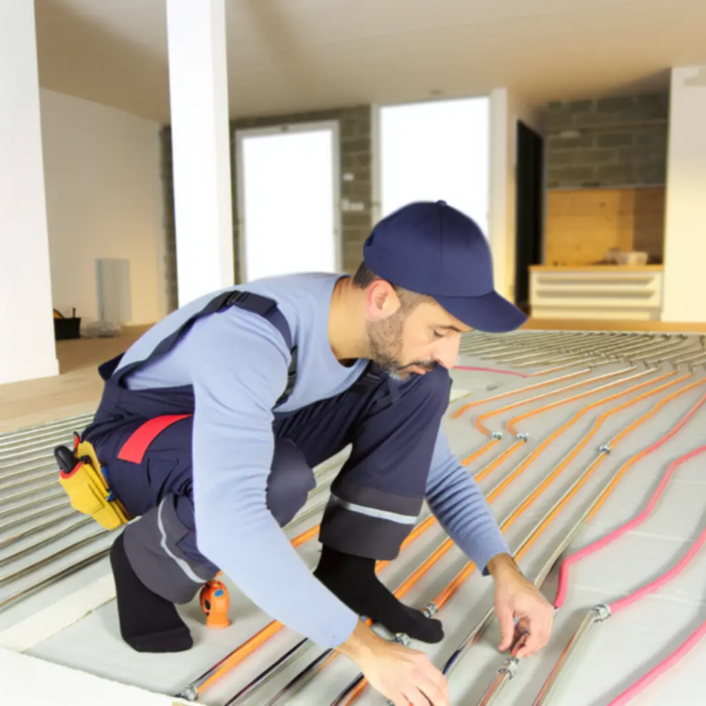 Engineer fitting modern underfloor heating system